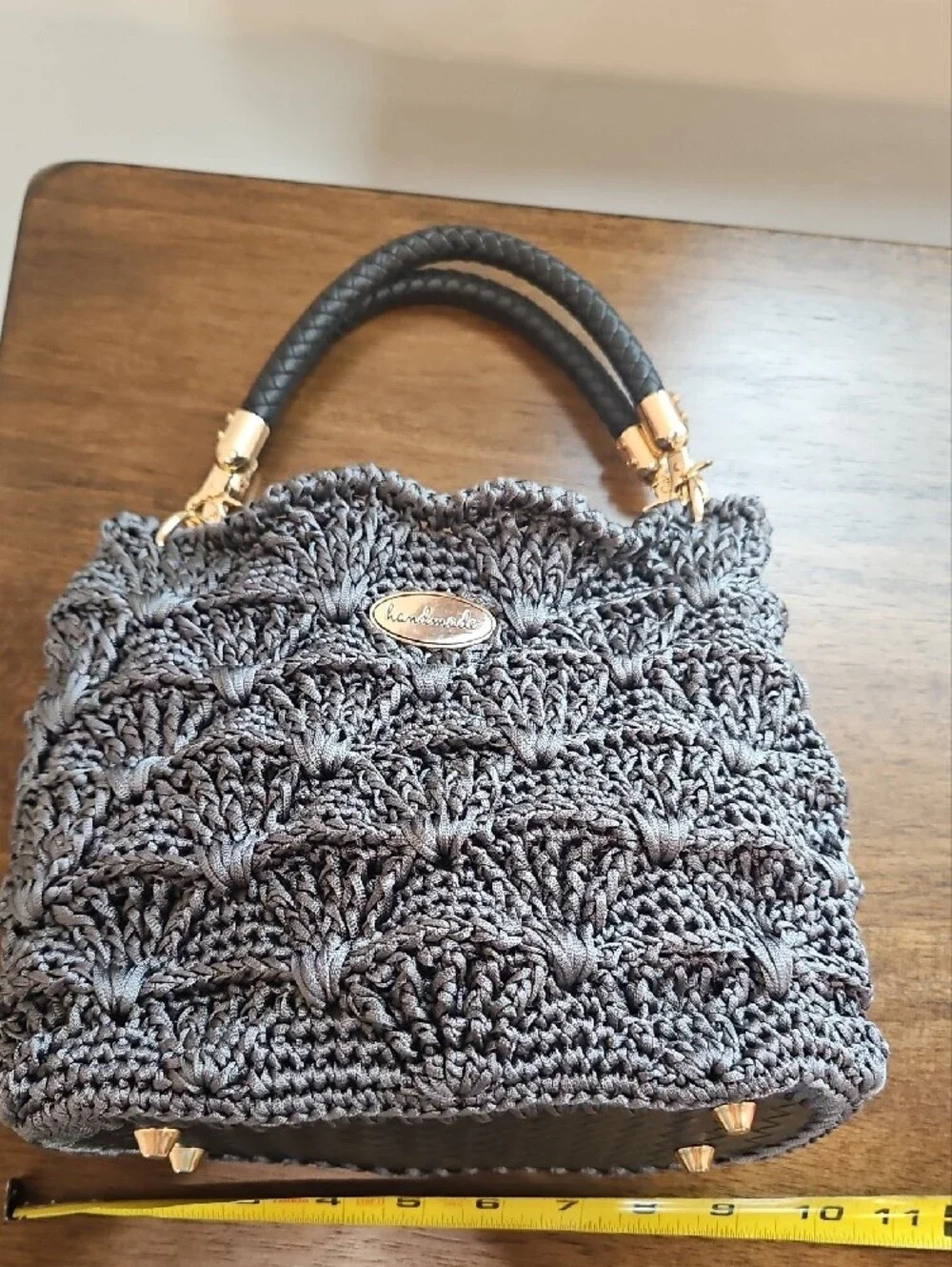 Hand Crocheted Gray Bag with Gold And Black Accents - Picture 3 of 4